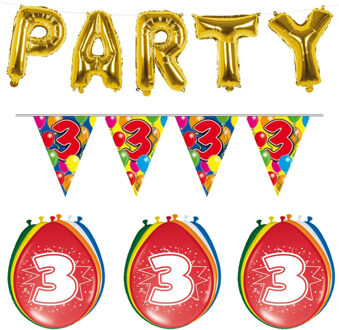 Folat Verjaardag feestversiering 3 jaar PARTY letters en 16x ballonnen met 2x plastic vlaggetjes