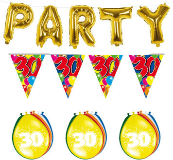 Folat Verjaardag feestversiering 30 jaar PARTY letters en 16x ballonnen met 2x plastic vlaggetjes