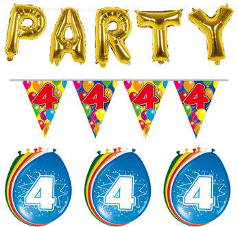 Folat Verjaardag feestversiering 4 jaar PARTY letters en 16x ballonnen met 2x plastic vlaggetjes