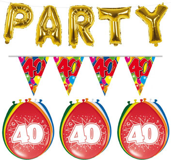 Folat Verjaardag feestversiering 40 jaar PARTY letters en 16x ballonnen met 2x plastic vlaggetjes