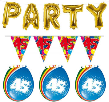 Folat Verjaardag feestversiering 45 jaar PARTY letters en 16x ballonnen met 2x plastic vlaggetjes