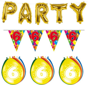 Folat Verjaardag feestversiering 6 jaar PARTY letters en 16x ballonnen met 2x plastic vlaggetjes