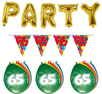 Folat Verjaardag feestversiering 65 jaar PARTY letters en 16x ballonnen met 2x plastic vlaggetjes