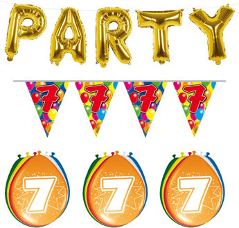Folat Verjaardag feestversiering 7 jaar PARTY letters en 16x ballonnen met 2x plastic vlaggetjes