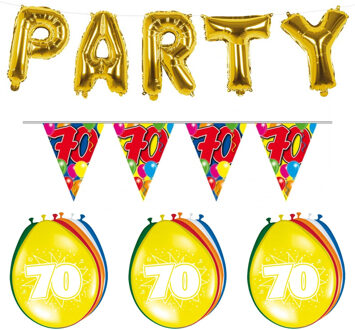 Folat Verjaardag feestversiering 70 jaar PARTY letters en 16x ballonnen met 2x plastic vlaggetjes