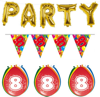 Folat Verjaardag feestversiering 8 jaar PARTY letters en 16x ballonnen met 2x plastic vlaggetjes