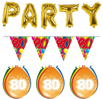 Folat Verjaardag feestversiering 80 jaar PARTY letters en 16x ballonnen met 2x plastic vlaggetjes