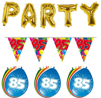 Folat Verjaardag feestversiering 85 jaar - PARTY letters - 16x ballonnen - met 2x plastic vlaggetjes