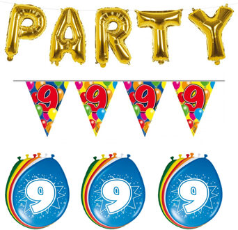 Folat Verjaardag feestversiering 9 jaar PARTY letters en 16x ballonnen met 2x plastic vlaggetjes