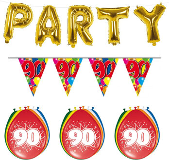 Folat Verjaardag feestversiering 90 jaar PARTY letters en 16x ballonnen met 2x plastic vlaggetjes