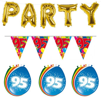 Folat Verjaardag feestversiering 95 jaar PARTY letters en 16x ballonnen met 2x plastic vlaggetjes