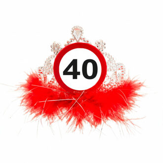 Folat Verjaardag kroontje leeftijd - 40 jaar - tiara - rood - verkeersbord feestartikelen