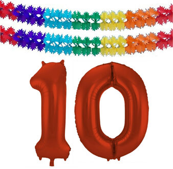 Folat Verjaardag Leeftijd folieballon - 10 jaar - rood - 86 cm - incl 2x slingers