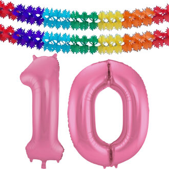 Folat Verjaardag Leeftijd folieballon - 10 jaar - roze - 86 cm - incl 2x slingers