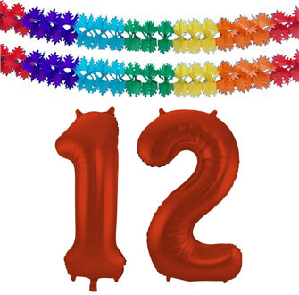 Folat Verjaardag Leeftijd folieballon - 12 jaar - rood - 86 cm - incl 2x slingers