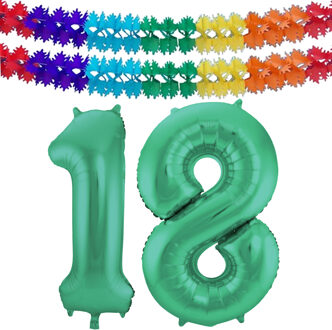 Folat Verjaardag Leeftijd folieballon - 18 jaar - groen - 86 cm - incl 2x slingers