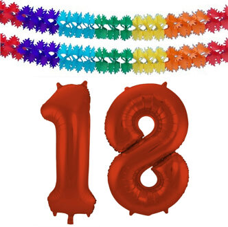 Folat Verjaardag Leeftijd folieballon - 18 jaar - rood - 86 cm - incl 2x slingers