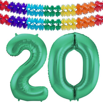Folat Verjaardag Leeftijd folieballon - 20 jaar - groen - 86 cm - incl 2x slingers
