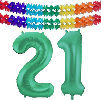 Folat Verjaardag Leeftijd folieballon - 21 jaar - groen - 86 cm - incl 2x slingers