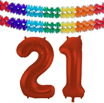 Folat Verjaardag Leeftijd folieballon - 21 jaar - rood - 86 cm - incl 2x slingers