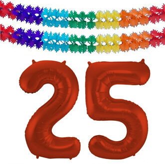 Folat Verjaardag Leeftijd folieballon - 25 jaar - rood - 86 cm - incl 2x slingers