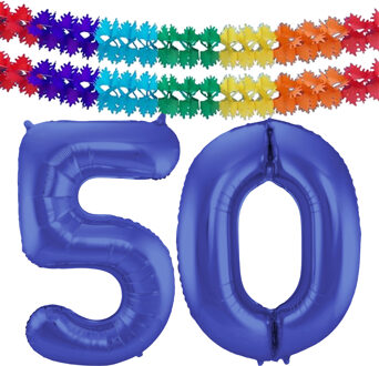 Folat Verjaardag Leeftijd folieballon - 50 jaar - blauw - 86 cm - incl 2x slingers