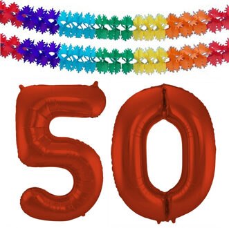 Folat Verjaardag Leeftijd folieballon - 50 jaar - rood - 86 cm - incl 2x slingers