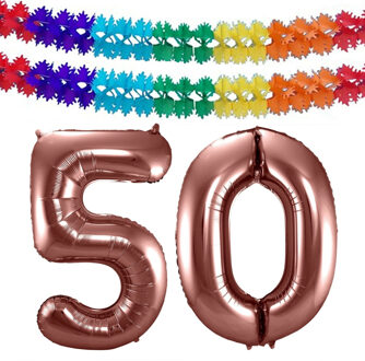 Folat Verjaardag Leeftijd folieballon - 50 jaar - ros? goud - 86 cm - incl 2x slingers