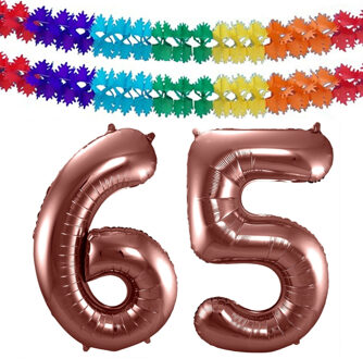 Folat Verjaardag Leeftijd folieballon - 65 jaar - ros? goud - 86 cm - incl 2x slingers