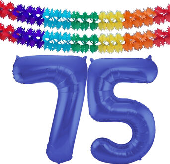 Folat Verjaardag Leeftijd folieballon - 75 jaar - blauw - 86 cm - incl 2x slingers