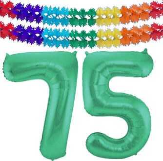 Folat Verjaardag Leeftijd folieballon - 75 jaar - groen - 86 cm - incl 2x slingers