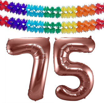 Folat Verjaardag Leeftijd folieballon - 75 jaar - ros? goud - 86 cm - incl 2x slingers