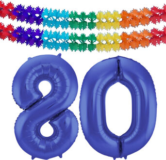 Folat Verjaardag Leeftijd folieballon - 80 jaar - blauw - 86 cm - incl 2x slingers