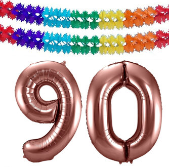 Folat Verjaardag Leeftijd folieballon - 90 jaar - ros? goud - 86 cm - incl 2x slingers
