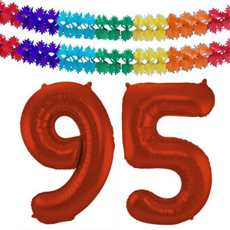 Folat Verjaardag Leeftijd folieballon - 95 jaar - rood - 86 cm - incl 2x slingers