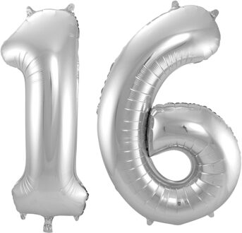 Folat Verjaardag Leeftijd folieballonnen - 16 jaar - zilver - 86 cm - cijferballon groot