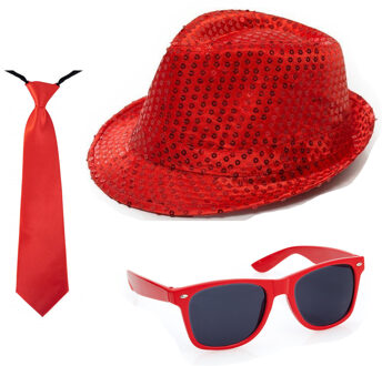 Folat Verkleedkleding set - glitter and glamour - hoedje / stropdas / party bril - rood