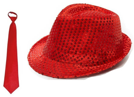 Folat Verkleedkleding set - Glitter hoedje - stropdas - rood - volwassenen - glitter and glamour