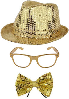 Folat Verkleedkleding set - hoed / strikje / bril - goud - glitters and glamour - volwassenen