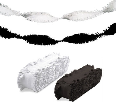 Folat versiering feest slingers - combi set - wit en zwart - 24 meter - crepe papier