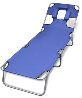 Folding Sun Lounger Blue Adjustable Back Cushion