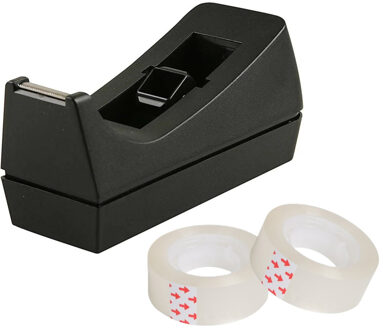 Folia Plakband dispenser/rolhouder - zwart - verzwaard - 17 x 6 x 7 cm - met 10x rolletjes plakband