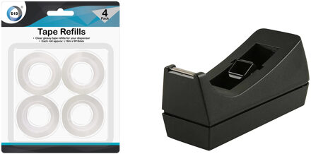 Folia Plakband dispenser/rolhouder - zwart - verzwaard - 17 x 6 x 7 cm - met 4x rolletjes plakband