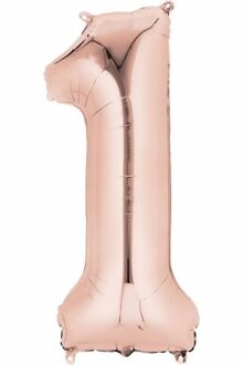 Folie ballon cijfer 1 - rose goud - leeftijd feestartikelen - 88 cm lang Roze