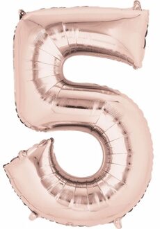 Folie ballon cijfer 5 rose goud 88 cm - Feestartikelen/leeftijd versiering Roze