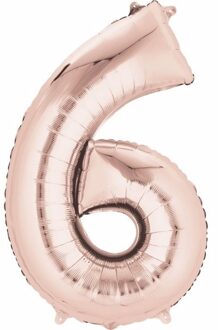 Folie ballon cijfer 6 - rose goud - leeftijd feestartikelen - 88 cm lang Roze