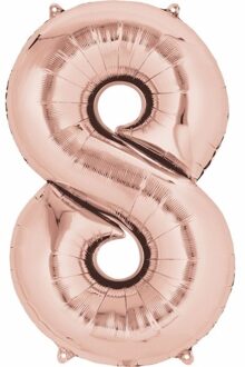 Folie ballon cijfer 8 - rose goud - leeftijd feestartikelen - 88 cm lang Roze