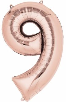 Folie ballon cijfer 9 - rose goud - leeftijd feestartikelen - 88 cm lang