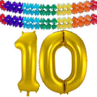 Folie ballonnen - Leeftijd cijfer 10 - goud - 86 cm - en 2x feestslingers - verjaardag versiering