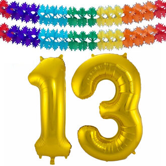 Folie ballonnen - Leeftijd cijfer 13 - goud - 86 cm - en 2x feestslingers - verjaardag versiering